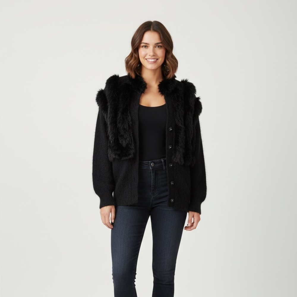 Vintage Black Angora Fur Beaded Unique Soft Cardigan size M